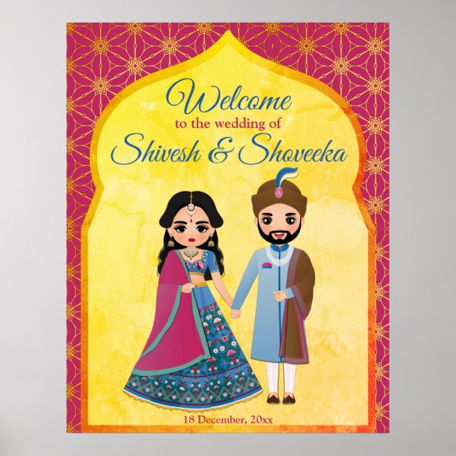 Poster Frontière design rose et or mariage indien bienven (Devant)