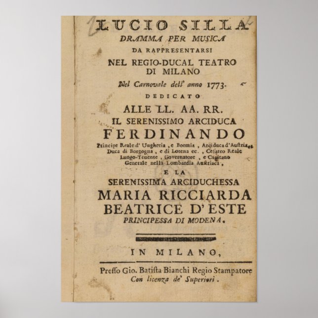Poster Frontispiece de "Lucio Silla" de Mozart (Devant)