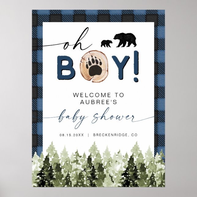 Poster FROST Blue Flannel Pine Bear Baby shower Bienvenue (Devant)