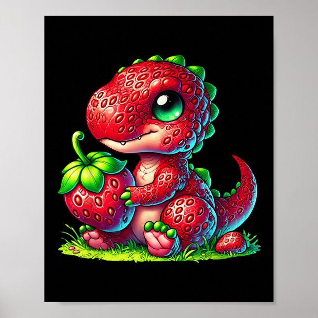 Poster Fruit d'été aux fraises mignonnes Dinosaure T Rex (Devant)