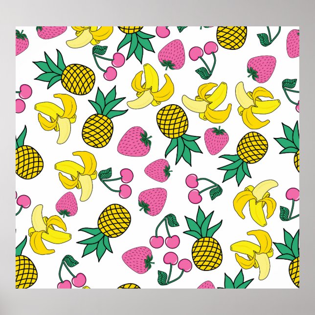 Poster Fruit Fiesta : Bananes, ananas, fraises (Devant)