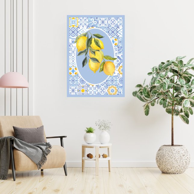 Poster Fruits de citron, carreaux bleus d'inspiration eur (Créateur téléchargé)