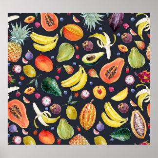 Poster Fruits tropicaux : Aquarelle Motif Multifruit.
