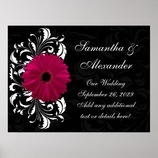 Poster Fuchsia Scroll Gerbera Daisy avec noir et blanc (Devant)