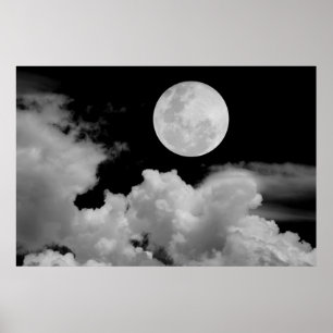 POSTER FULL MOON CLOUDS BLACK AND WHITE