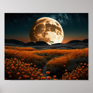 Poster Full Moon Orange Field of Flowers