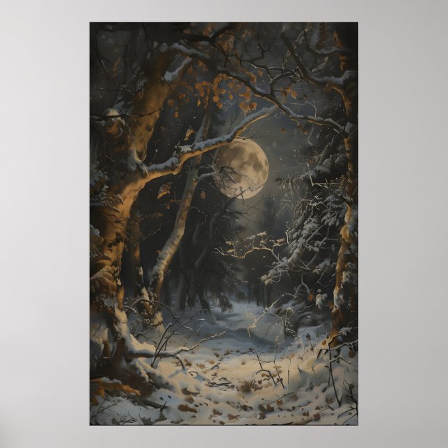 Poster Full Moon Winter Dark Forest Art Print Dark (Devant)