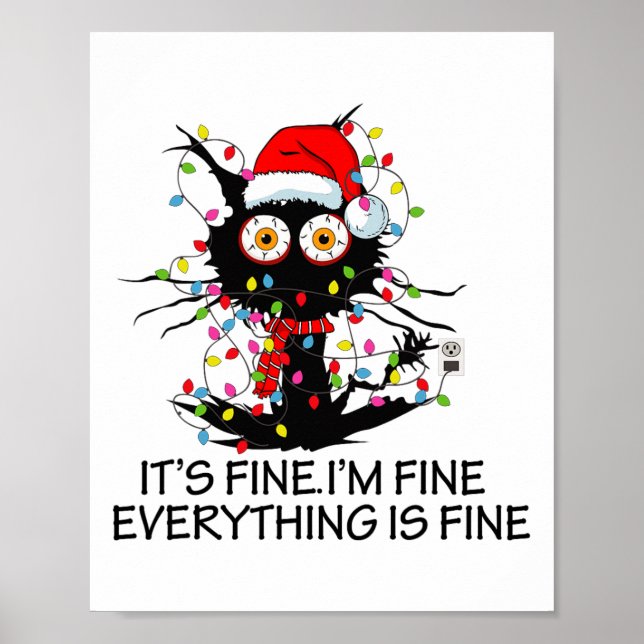 Poster Fun Black Cat It's Fine I'm Fine Everything Is Fin (Devant)