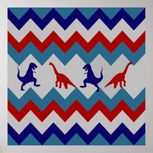 Poster Fun Boys Dinosaures Rouge Bleu Chevron Motif