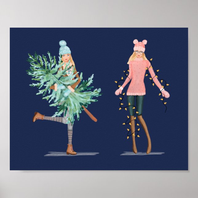 Poster Fun Christmas Lovin' Girls Holding Tree & Lights (Devant)