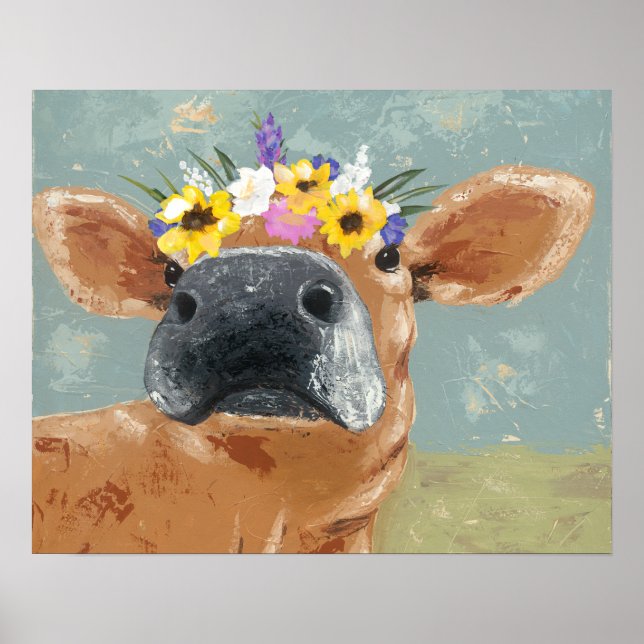 Poster Fun de ferme - Vache avec couronne de fleurs (Devant)