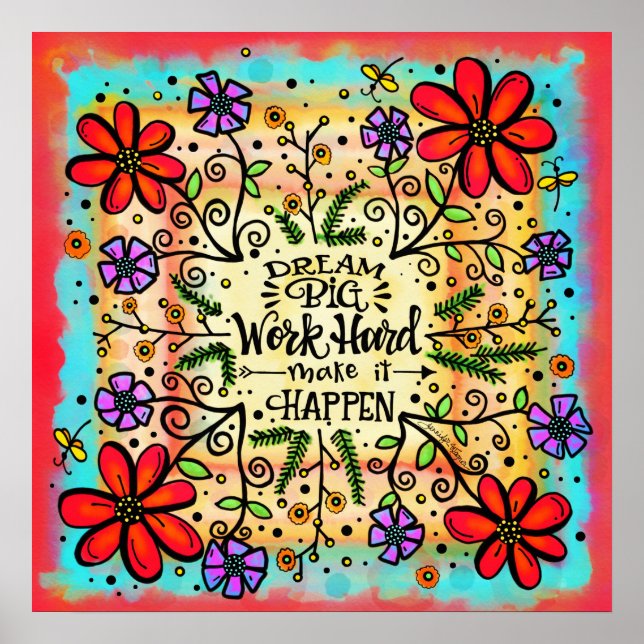 Poster Fun Floral "Travailler dur" Inspiration Classe (Devant)