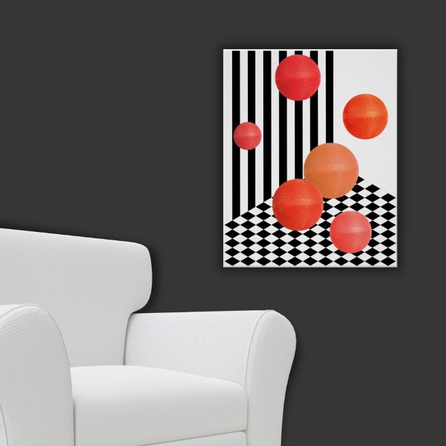 Poster Fun Red Round Collage noir & blanc bandes (Red Bouncing Balls Poster)
