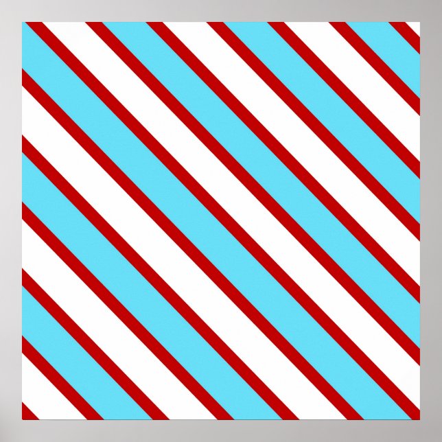 Poster Fun Turquoise Blue Red and White Diagonal Stripes (Devant)