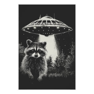 Poster Funky Black and White Space Raccoon UFO