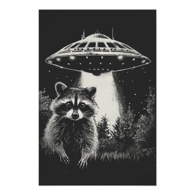 Poster Funky Black and White Space Raccoon UFO (Devant)