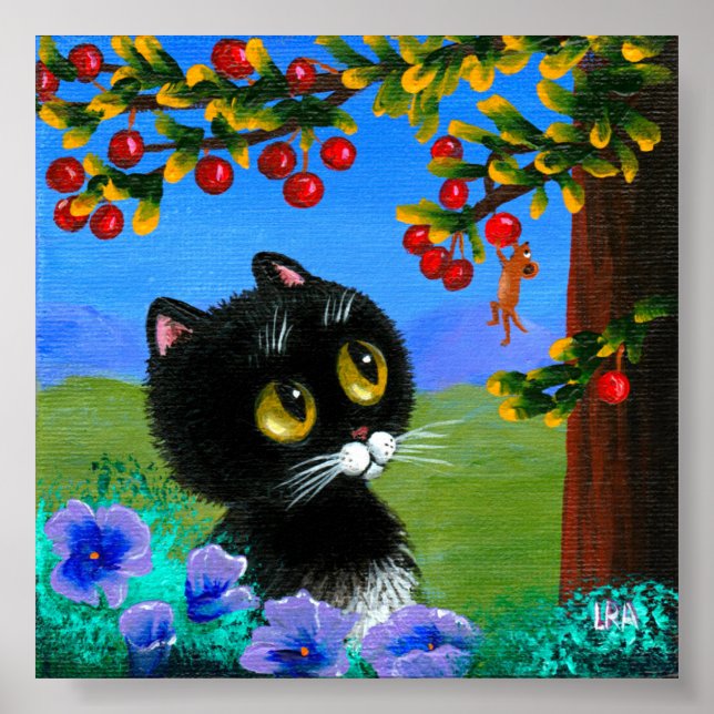 Poster Funky Black Cat Mouse Cerises Créationarts (Devant)