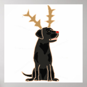 Poster Funky Black Lab avec Reindeer Antlers Noël
