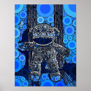 Poster Funky Blue Sock Monkey Circles Bubbles Pop Art