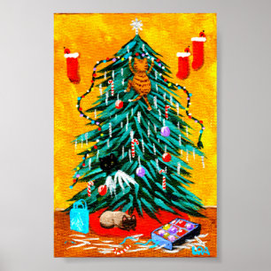Poster Funky Christmas Tree Cats Créationarts