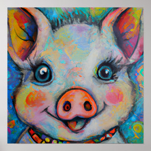 Poster Funky Happy Piglet Farm Animal Portrait Art