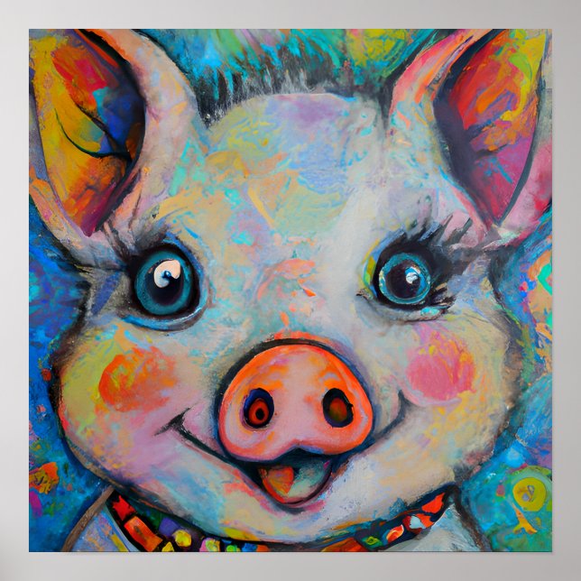 Poster Funky Happy Piglet Farm Animal Portrait Art (Devant)