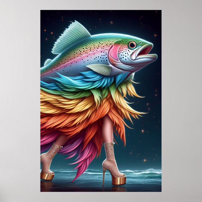 Poster Funky Rainbow Trout Fish Fashion (Devant)