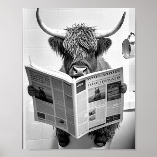 Poster Funky Scottish Highland Cow in Bathroom Wall Art (Devant)