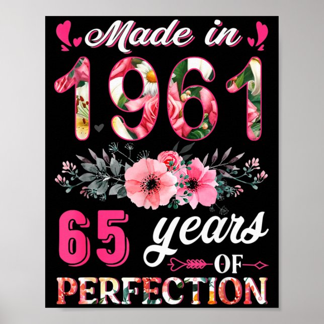 Poster Funny 65 Years Old Made In 1961 Floral 65th Birthd (Devant)