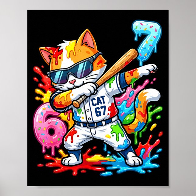 Poster Funny 67 Baseball Dabbing Cat 6 7 Dripng Ice Cream (Devant)