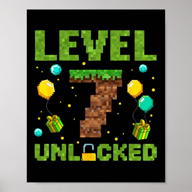 Poster Funny 7th Birthday Boy Gamer Level 7 Unlocked Pixe (Devant)
