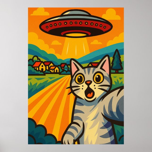Poster Funny Alien Cat UFO Abduction Cat Retro Pop Art (Devant)