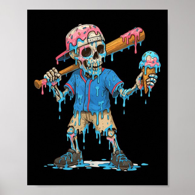 Poster Funny Baseball Skeleton Ice Cream Drip Baseball Bo (Devant)