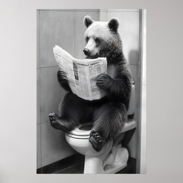 Poster Funny Bear Bathroom Print, Toilet Newspaper (Devant)