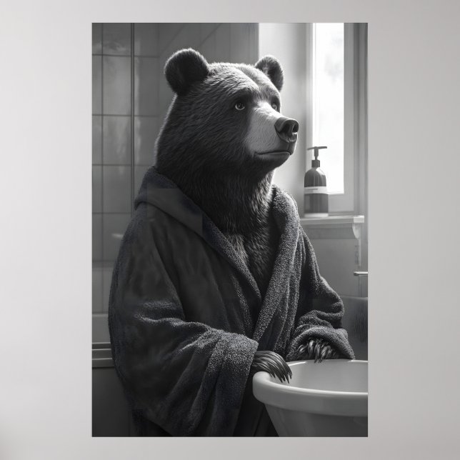 Poster Funny Bear in Bathrobe Print, Quirky Bathroom (Devant)
