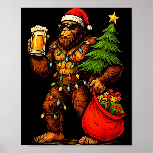 Poster Funny Big Foot Santa Hat Drink Christmas Tree Xmas (Devant)