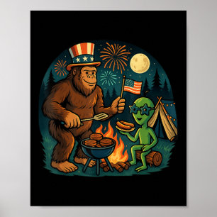 Poster Funny Bigfoot Alien Bbq Campfire 4 juillet Ameri