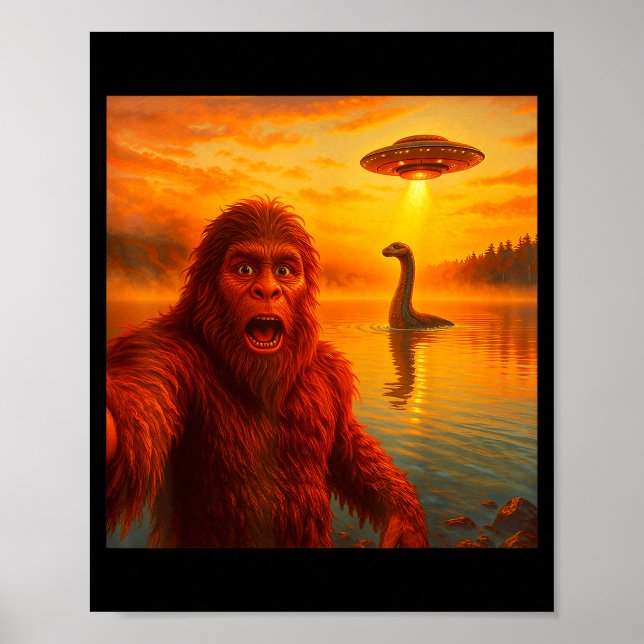 Poster Funny Bigfoot Selfie With Loch Ness Monster And Uf (Devant)
