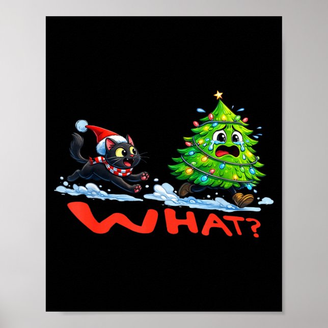 Poster Funny Black Cat Chasing Christmas Tree Over Cat Wh (Devant)