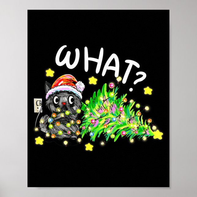 Poster Funny Black Cat Gift Pushing Christmas Tree Over C (Devant)