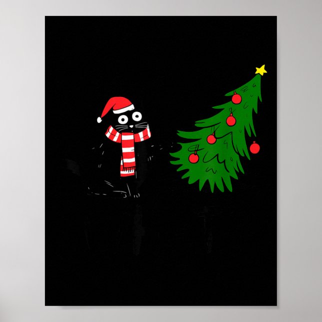 Poster Funny Black Cat Gift Pushing Christmas Tree Over C (Devant)
