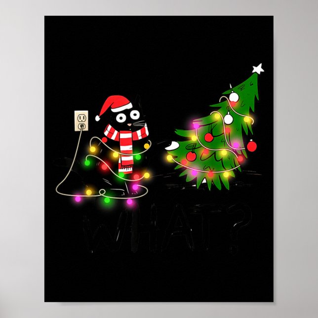 Poster Funny Black Cat Gift Pushing Christmas Tree Over C (Devant)