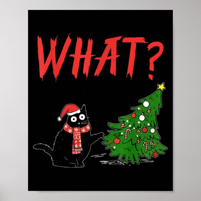 Poster Funny Black Cat Gift Pushing Christmas Tree Over C (Devant)