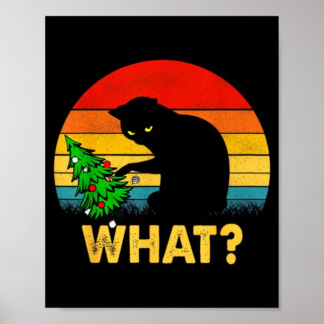 Poster Funny Black Cat Gift Pushing Christmas Tree Over C (Devant)
