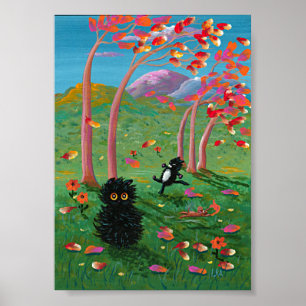 Poster Funny Black Cat Mouse Arbres Créationarts