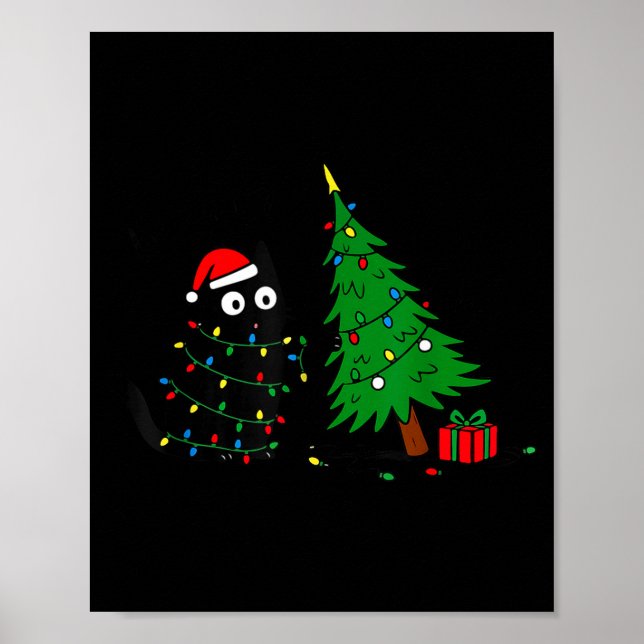 Poster Funny Black Cat Pushing 67 Christmas Tree Over Cat (Devant)