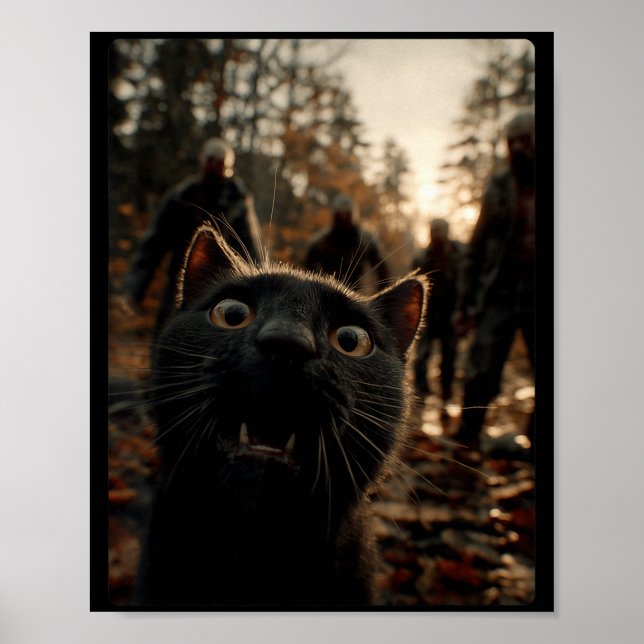 Poster Funny Black Cat Selfie With Zombies Feline Animal  (Devant)