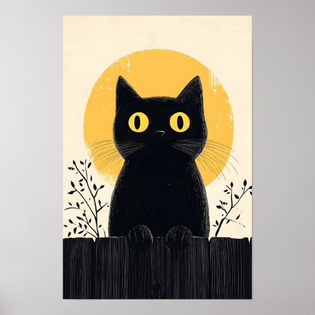 Poster Funny Black cat with Full Moon (Devant)