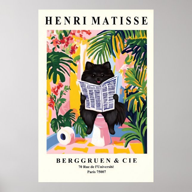 Poster Funny Black Pomeranian Print - Dog on toilet (Devant)