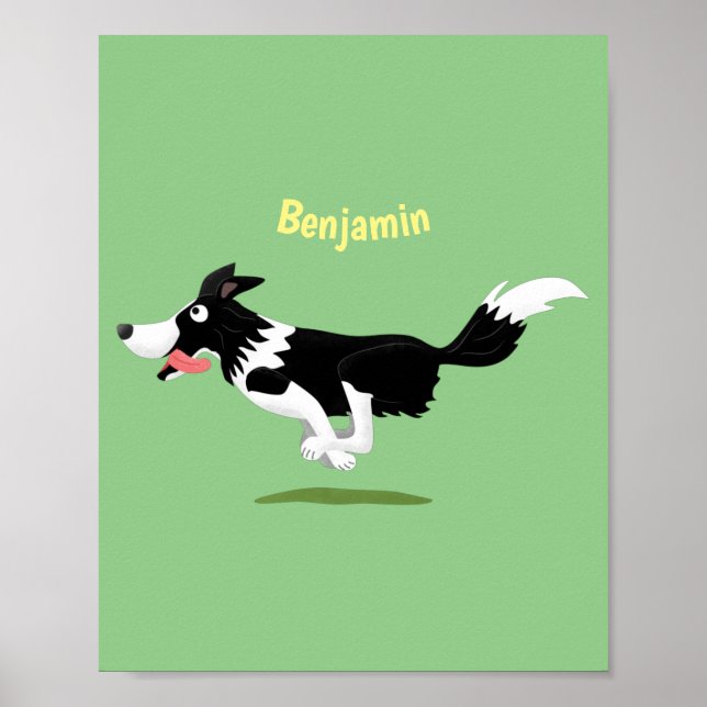 Poster Funny Border Collie chien en course dessin animé (Devant)